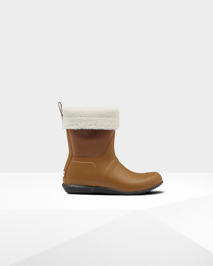 Hunter Botas De Piel De Oveja Vegana Con Parte Superior Enrollada Aislada Para Mujer, Marrón Grueso