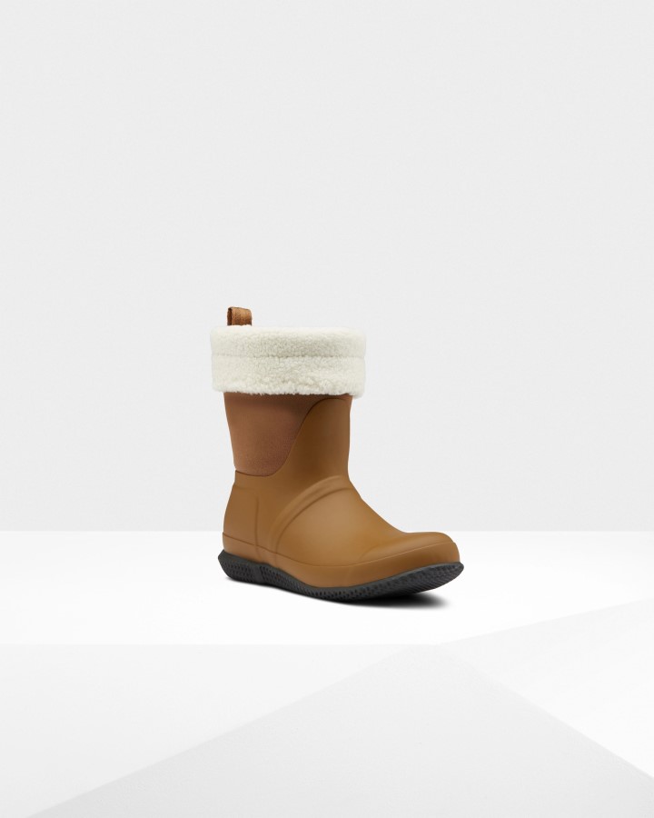 Hunter Botas De Piel De Oveja Vegana Con Parte Superior Enrollada Aislada Para Mujer, Marrón Grueso