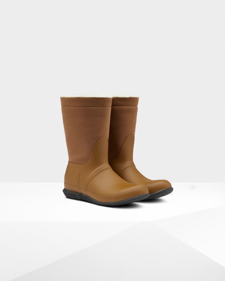 Hunter Botas De Piel De Oveja Vegana Con Parte Superior Enrollada Aislada Para Mujer, Marrón Grueso