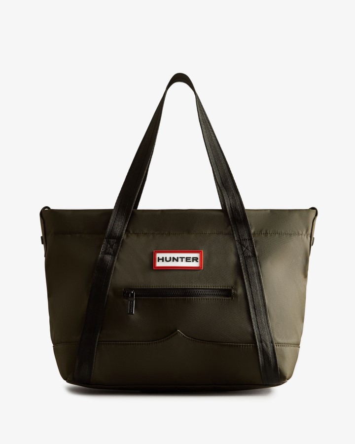 Bolso Tote Mediano Hunter De Nailon Con Clip En La Parte Superior Verde Oliva Oscuro