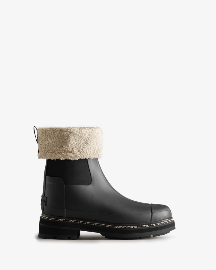 Hunter Botas De Piel De Oveja Vegana Con Puntada Refinada Para Mujer, Color Negro