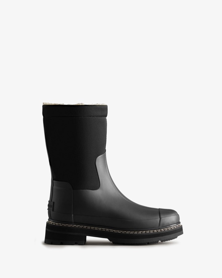 Hunter Botas De Piel De Oveja Vegana Con Puntada Refinada Para Mujer, Color Negro