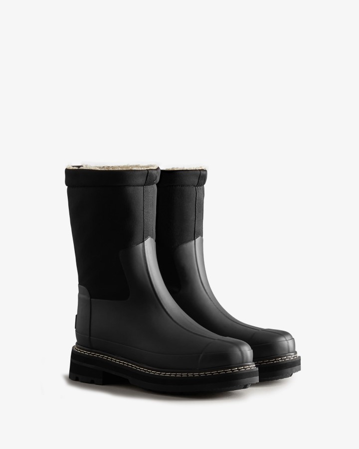Hunter Botas De Piel De Oveja Vegana Con Puntada Refinada Para Mujer, Color Negro