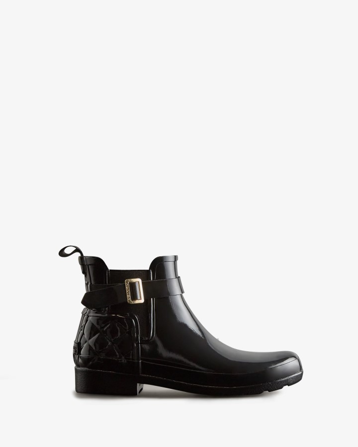 Hunter Botas Chelsea Finas Para Mujer De Ajuste Delgado Acolchado Brillante Negro