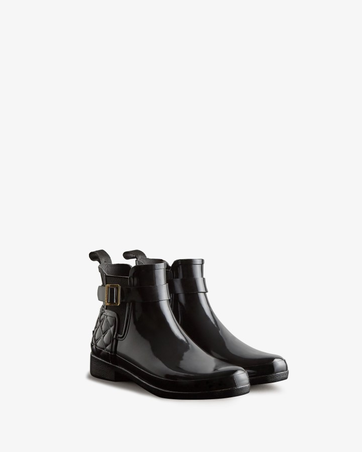 Hunter Botas Chelsea Finas Para Mujer De Ajuste Delgado Acolchado Brillante Negro