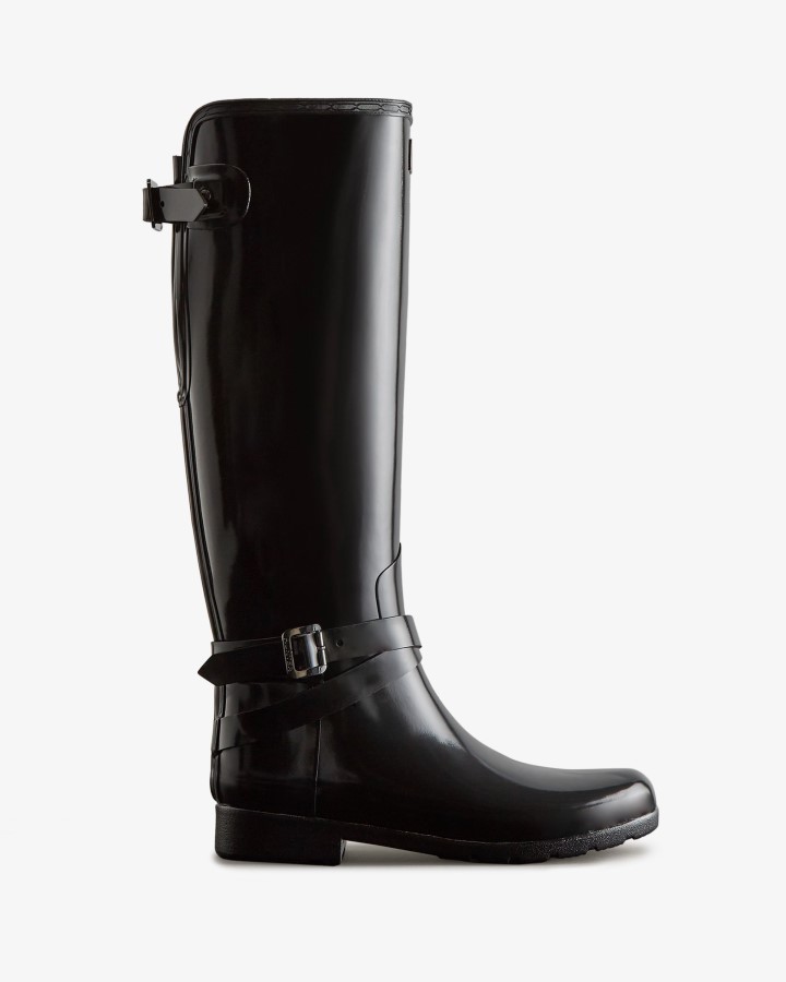 Hunter Botas De Lluvia Altas Y Brillantes Ajustables Y Ajustadas Refinadas Para Mujer, Color Negro