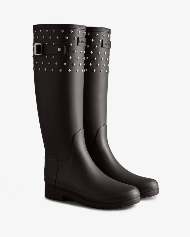Hunter - Botas De Lluvia Para Mujer, Corte Ajustado, Alto, Con Puños De Tachuelas, Color Negro