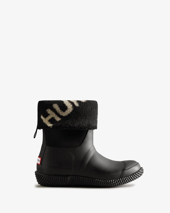 Hunter Botas De Piel De Oveja Vegana Con Logotipo Enrollable Aislado Para Mujer, Sauce Blanco Y Negro