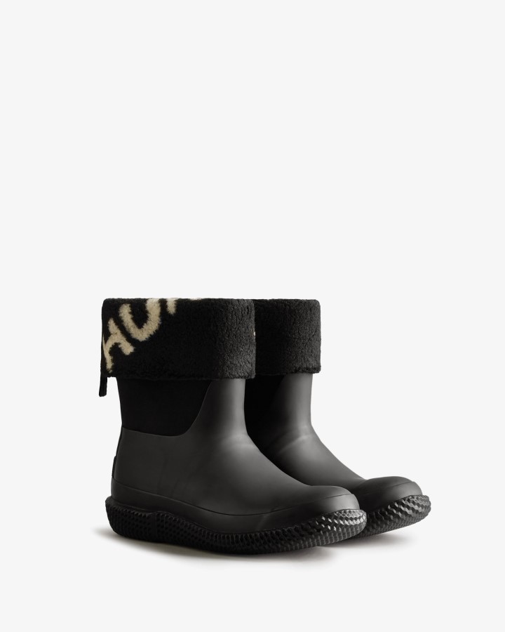 Hunter Botas De Piel De Oveja Vegana Con Logotipo Enrollable Aislado Para Mujer, Sauce Blanco Y Negro