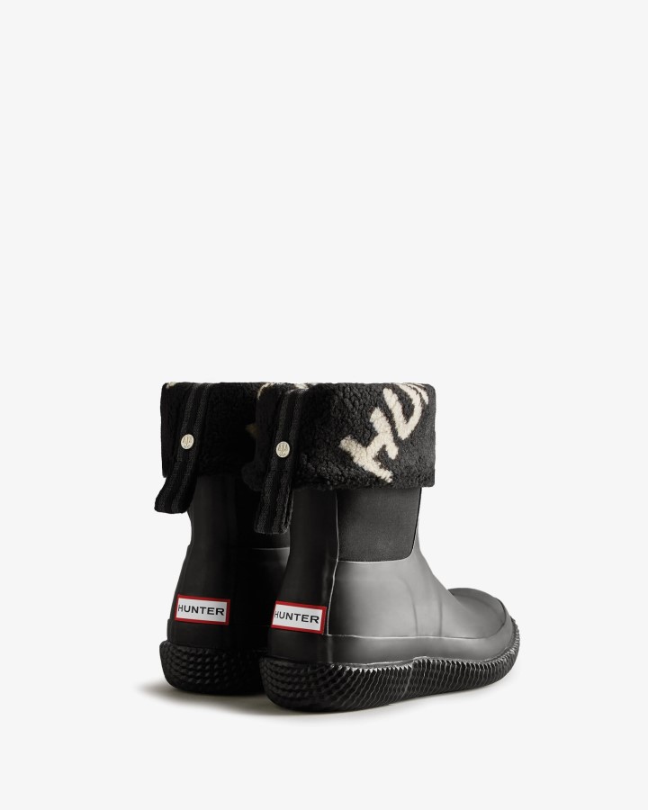Hunter Botas De Piel De Oveja Vegana Con Logotipo Enrollable Aislado Para Mujer, Sauce Blanco Y Negro